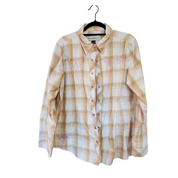 Bit & Bridle Womens Western Plaid Shirt W/ Embroidered Horses Snap Buttons Yello - Picture 1 of 7